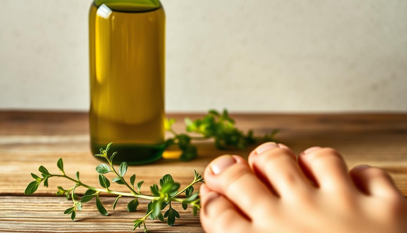 A person 's foot is on a wooden table next to a bottle of olive oil.