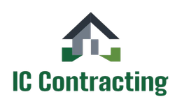 Logo for IC Contracting featuring a minimalist house icon in dark gray and green above the text "IC Contracting".