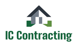 Logo for IC Contracting featuring a minimalist house icon in dark gray and green above the text "IC Contracting".