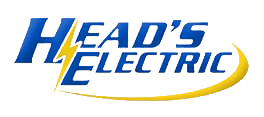 Logo for Head's Electric, featuring blue text and a yellow lightning bolt.