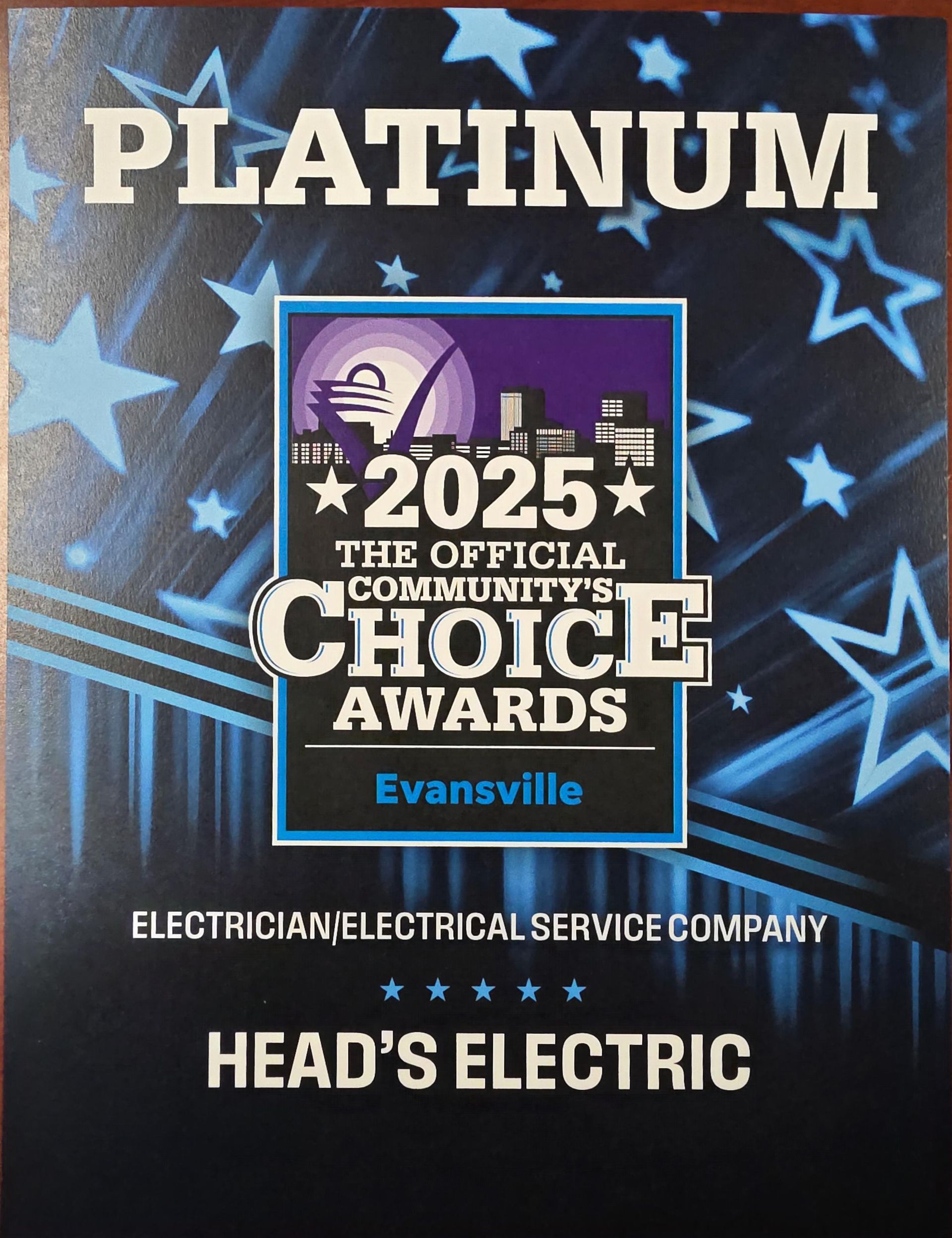 Award for Head's Electric: Platinum Official Community's Choice Award 2025 in Evansville for electrical services.