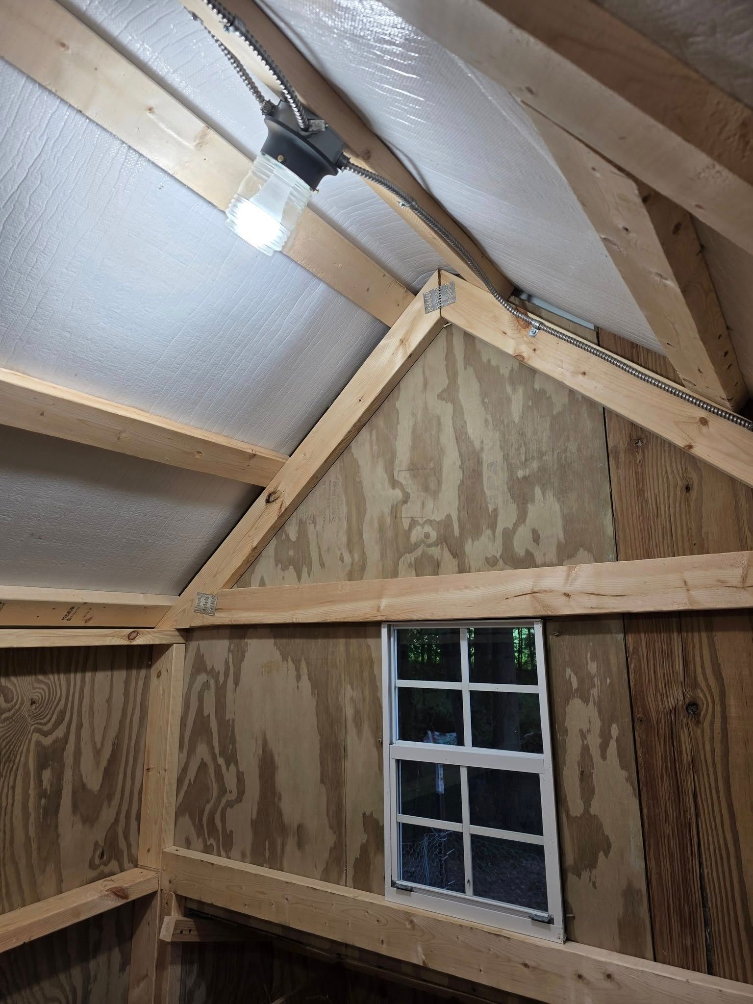 Interior of a wooden shed with a light fixture, window, and reflective insulation.