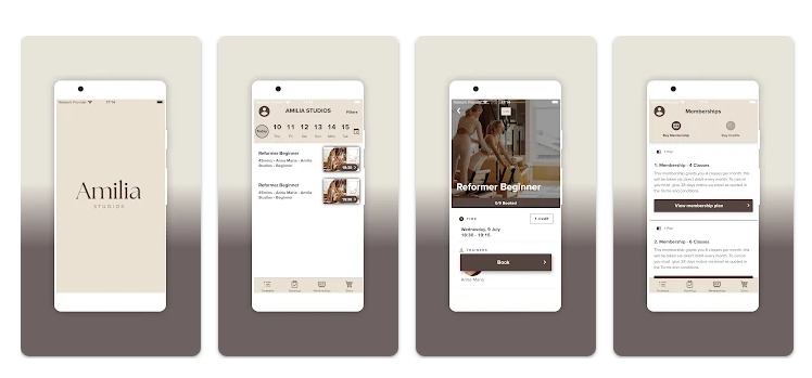Four smartphone app screens on a beige background, showing the Amilia Studios App