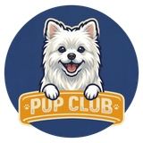 Smiling dog illustration in a yellow and blue badge with the words
