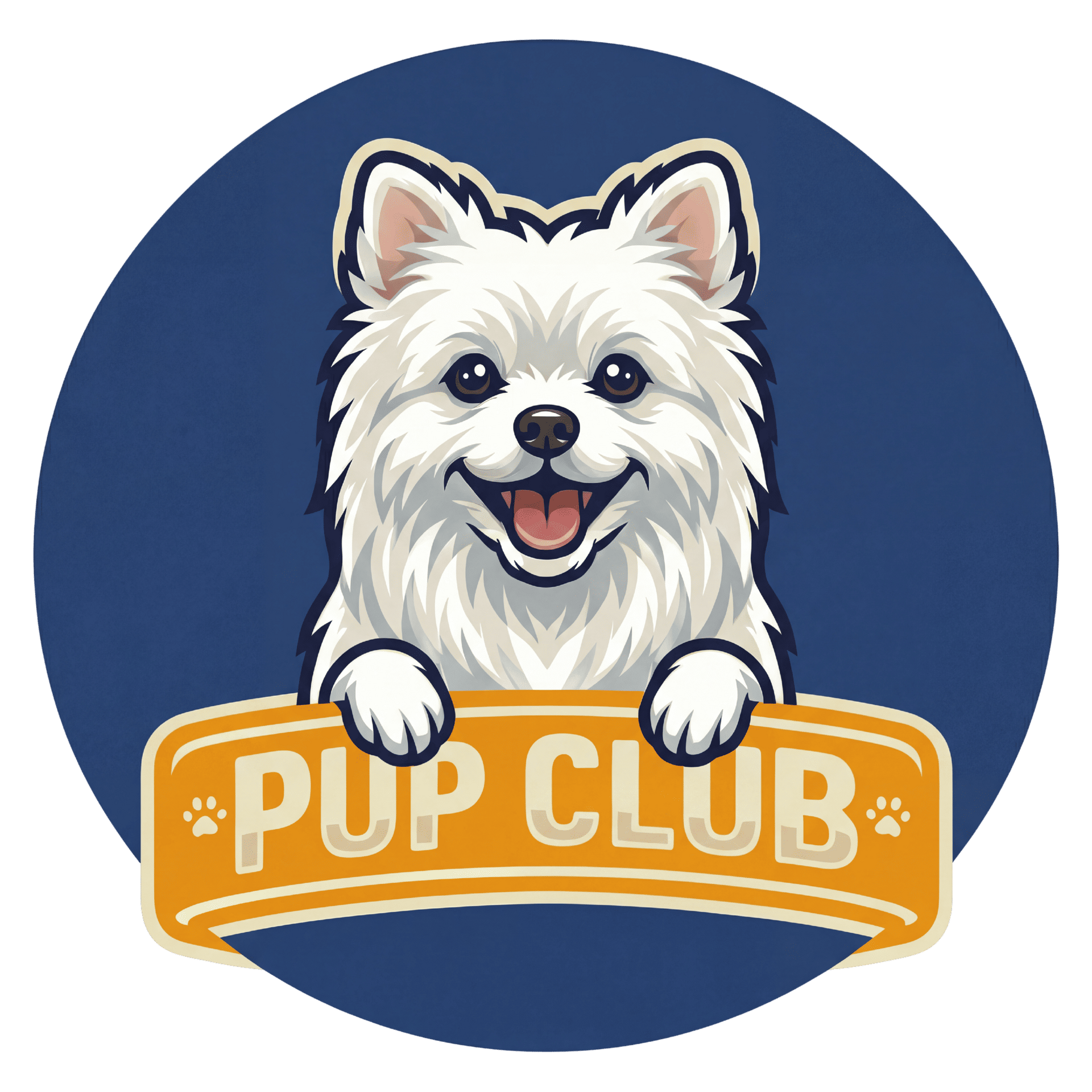 Smiling dog illustration in a yellow and blue badge with the words