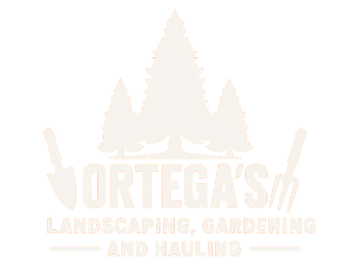 A white logo for Ortega 's Landscaping , Gardening and Hauling. A white logo for Ortega 's Landscaping , Gardening and Hauling.