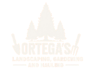 A white logo for Ortega 's Landscaping , Gardening and Hauling. A white logo for Ortega 's Landscaping , Gardening and Hauling.