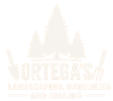A white logo for Ortega 's Landscaping , Gardening and Hauling. A white logo for Ortega 's Landscaping , Gardening and Hauling.