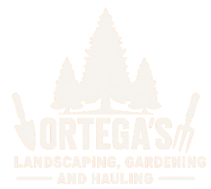 A white logo for Ortega 's Landscaping , Gardening and Hauling. A white logo for Ortega 's Landscaping , Gardening and Hauling.