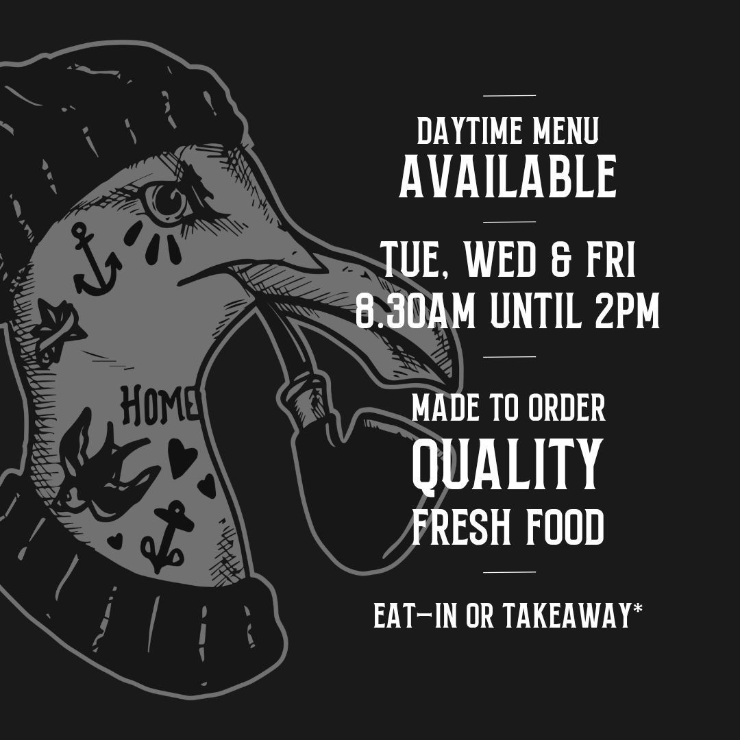 Black-and-white daytime menu ad for made-to-order fresh food, available Tue, Wed, Fri 8:30am–2pm, eat in or takeaway