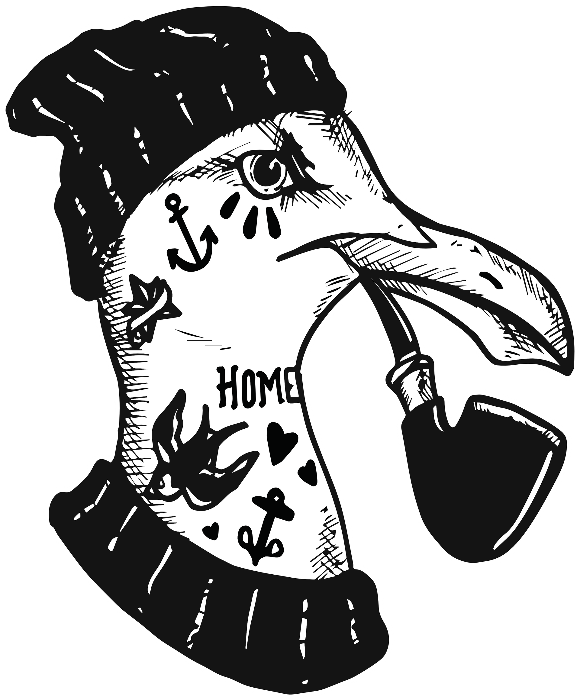 Black-and-white tattooed Seagull head smoking a pipe.