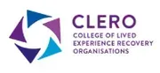 Logo of CLERO: a spiral of purple, blue, and teal triangles with the name and a description of the organization.