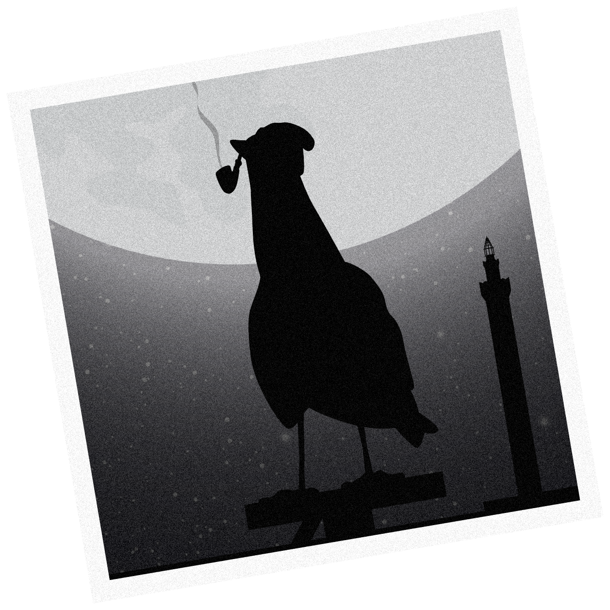 Silhouette of a seagull smoking a pipe on a rooftop at dusk