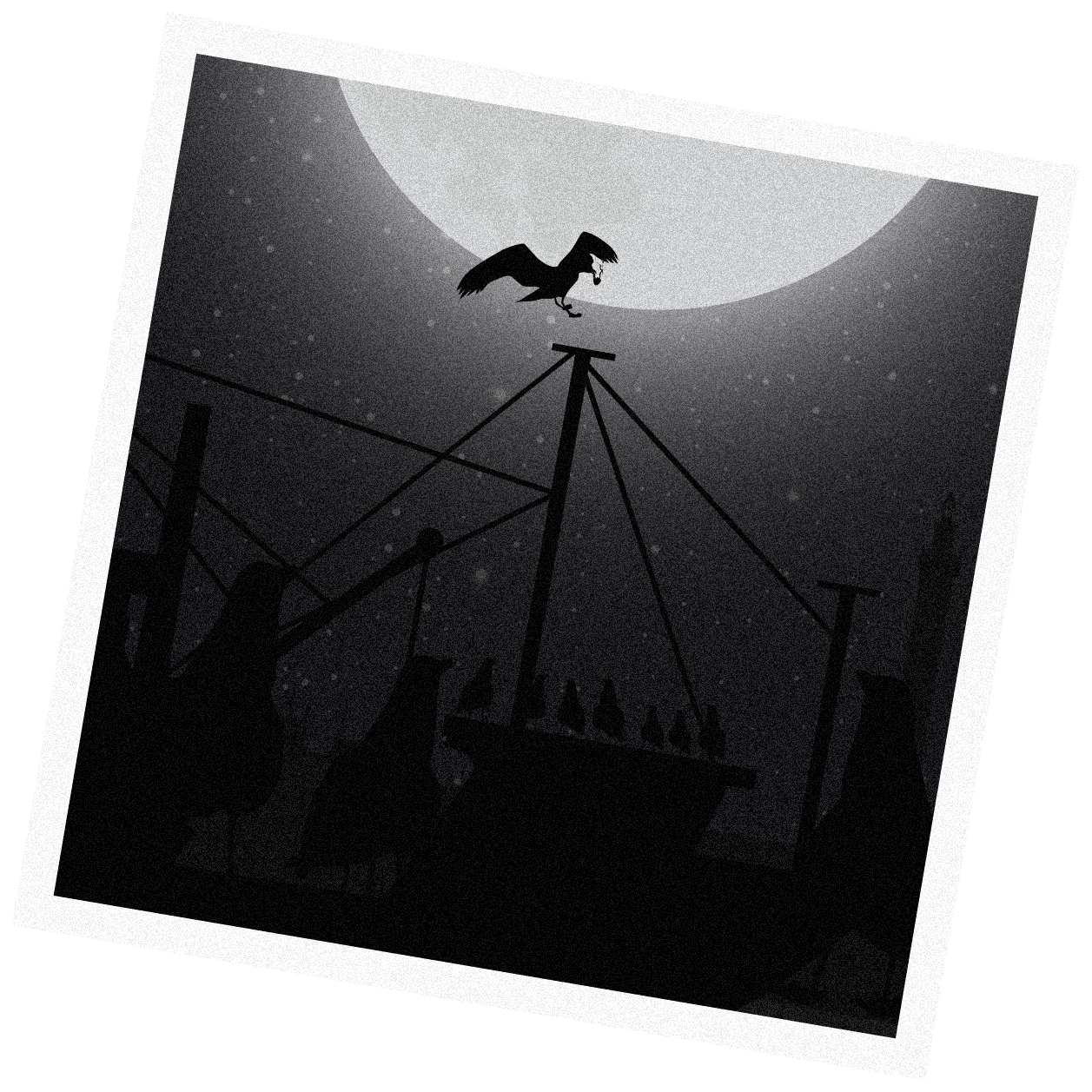 Silhouetted seagull atop a ship’s mast under a bright moon in a dark, foggy night scene