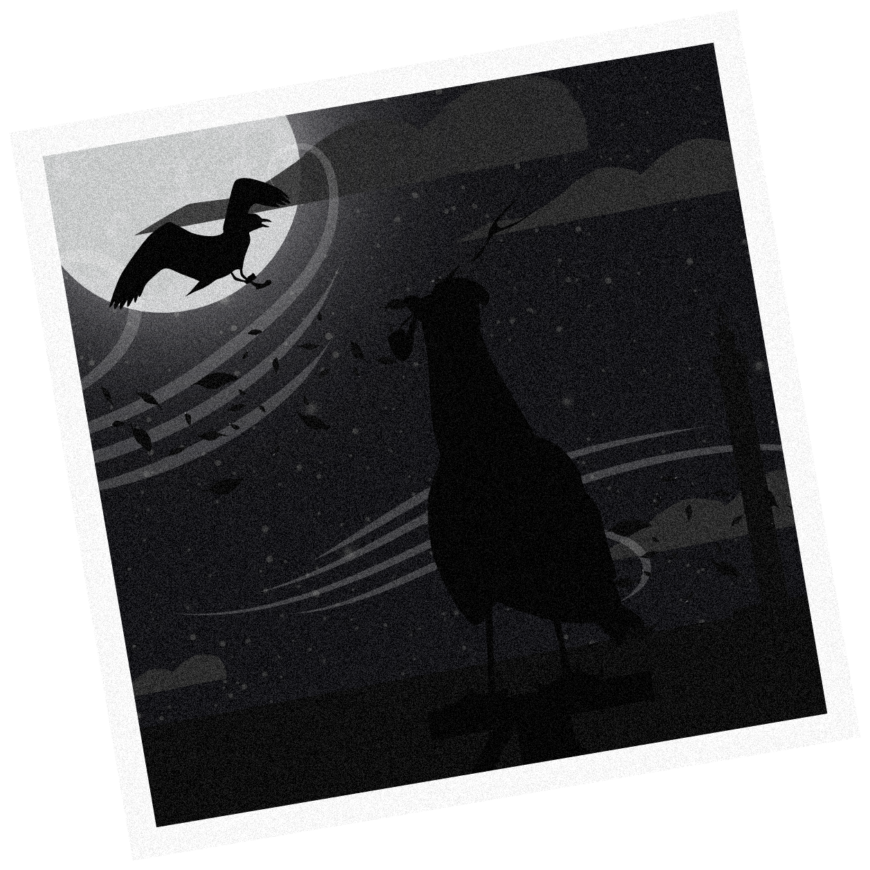 Two seagulls silhouetted against the moon, one looking toward the bright sky at night