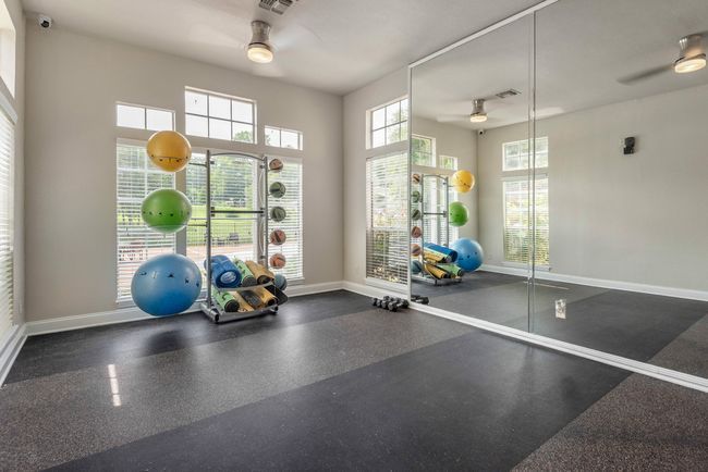 Gym with exercise balls, weights, and a large mirror. Windows offer natural light.