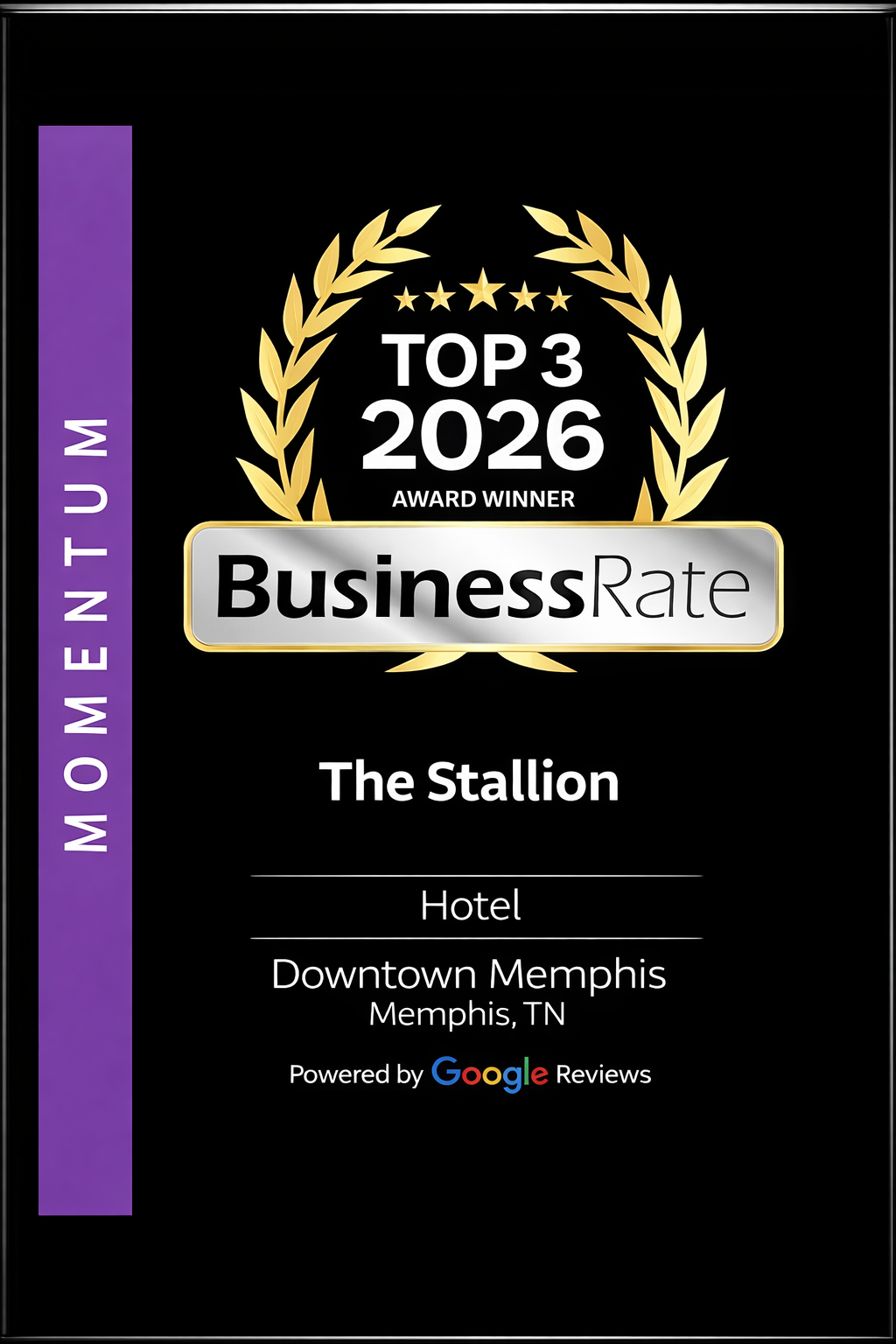 BusinessRate Top 3 2026 award for The Stallion hotel in Downtown Memphis, black and gold poster