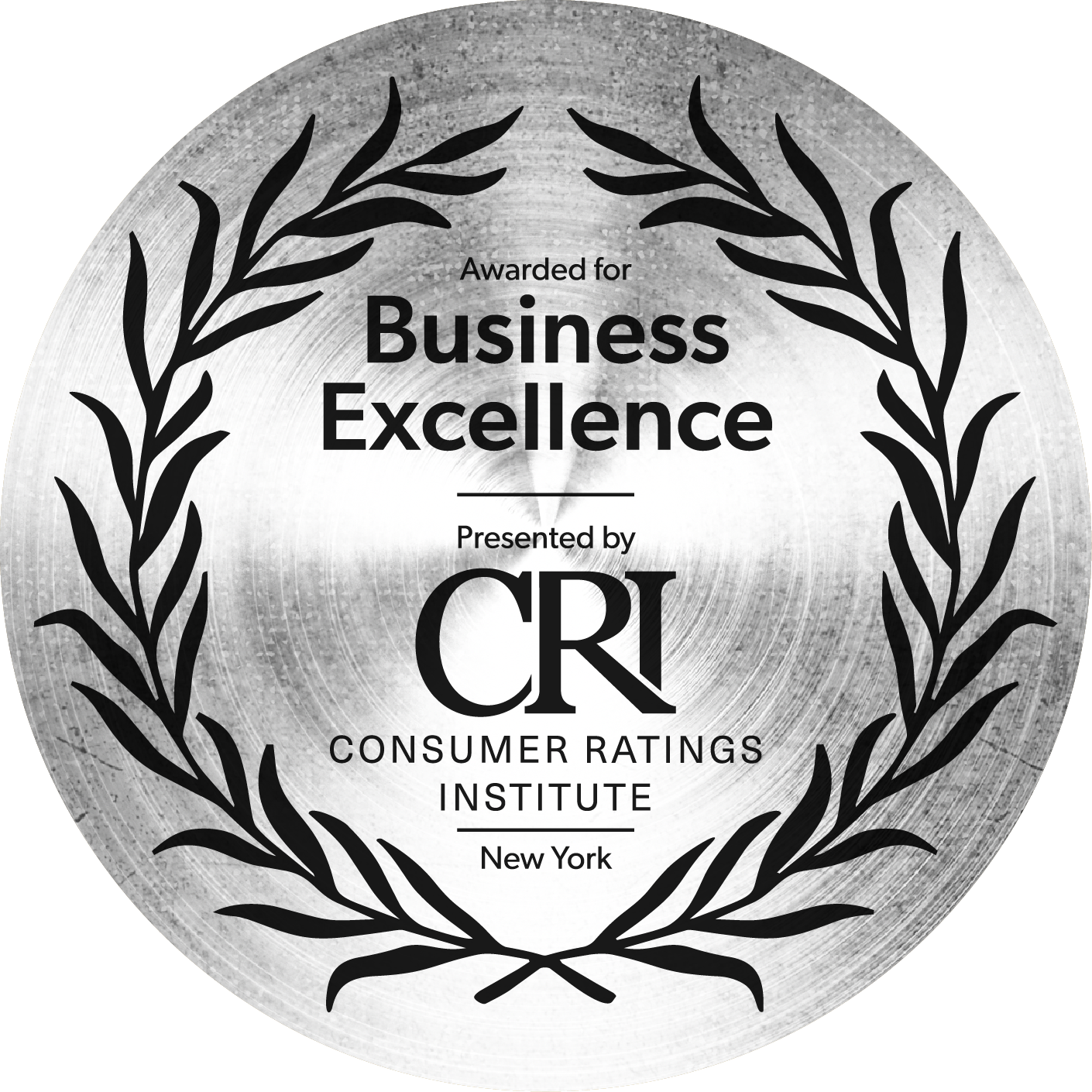 Black-and-white Business Excellence award seal from CRI Consumer Ratings Institute, New York, with laurel wreaths