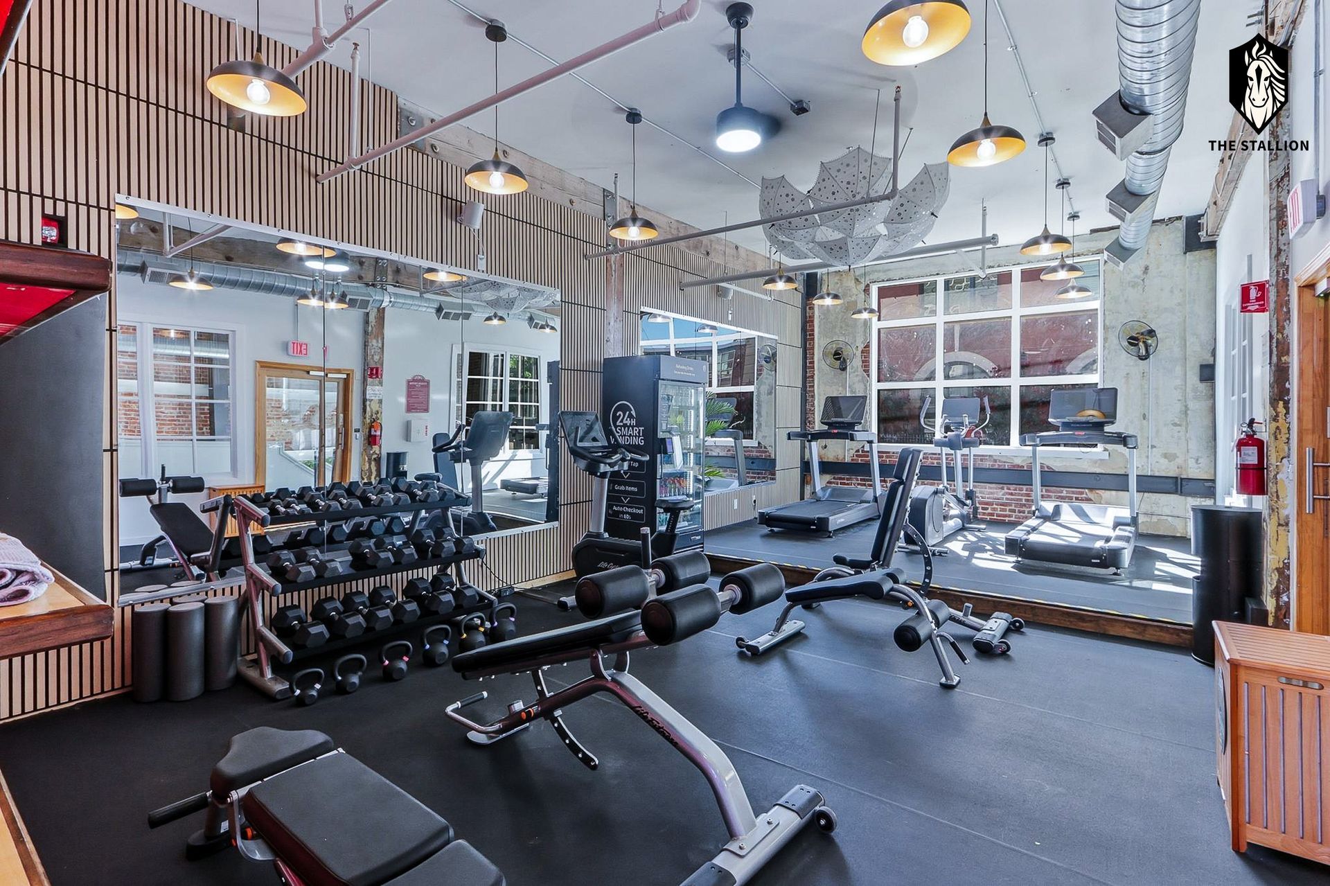 Bright gym interior with weights, benches, mirrors, and exercise equipment under hanging lights