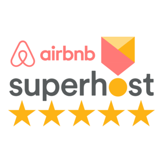 Airbnb Superhost badge with logo and five gold stars