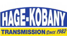 A blue and yellow logo for hage-kobany transmission since 1982