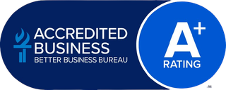 Accredited Business Bureau badge with A+ rating in blue and white