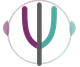 Logo astratto circolare con linee curve viola, grigie e turchesi e punti laterali.
