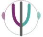 Logo astratto circolare con linee curve viola, grigie e turchesi e punti laterali.