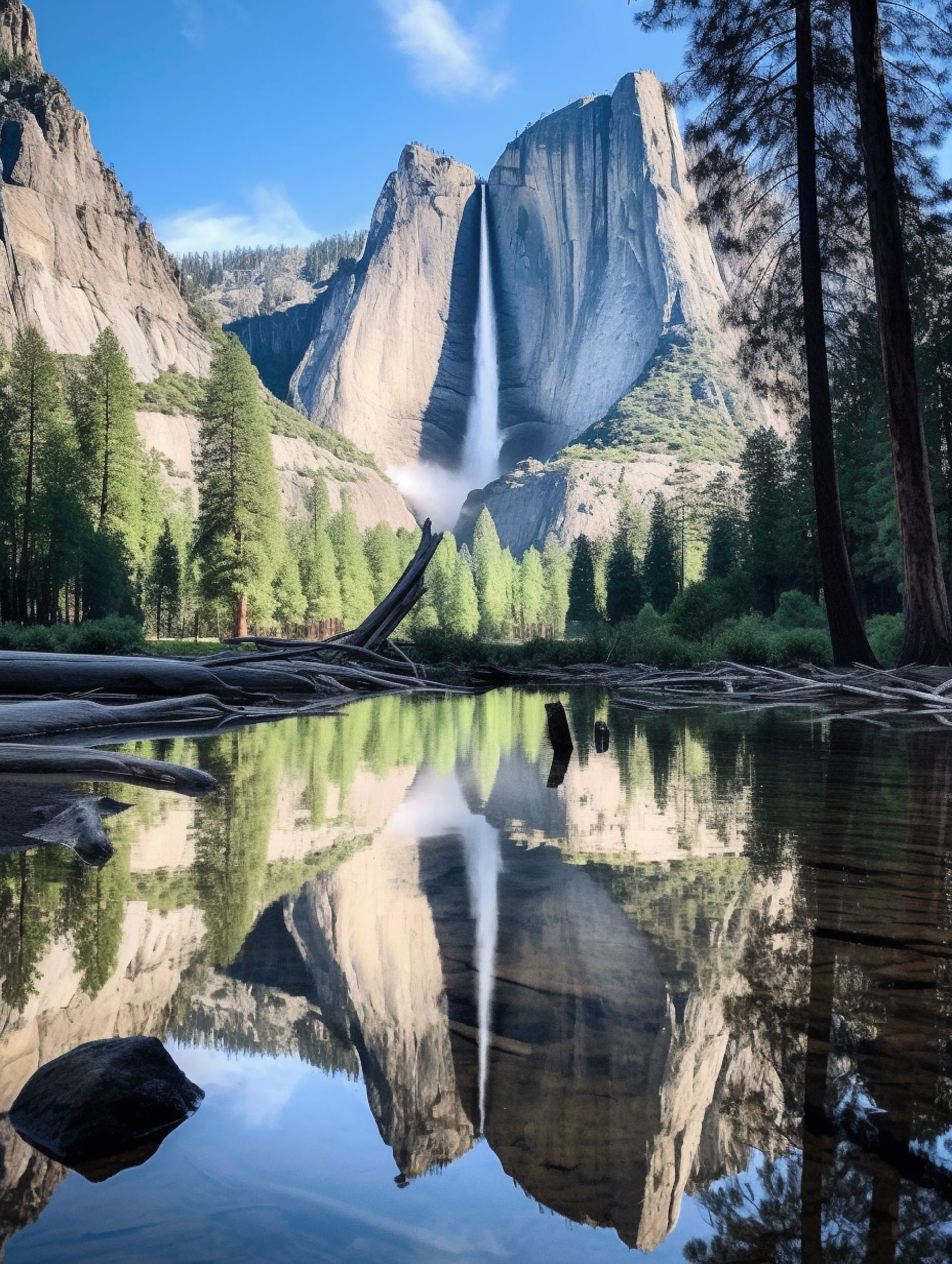A waterfall is reflected in a lake with mountains in the background