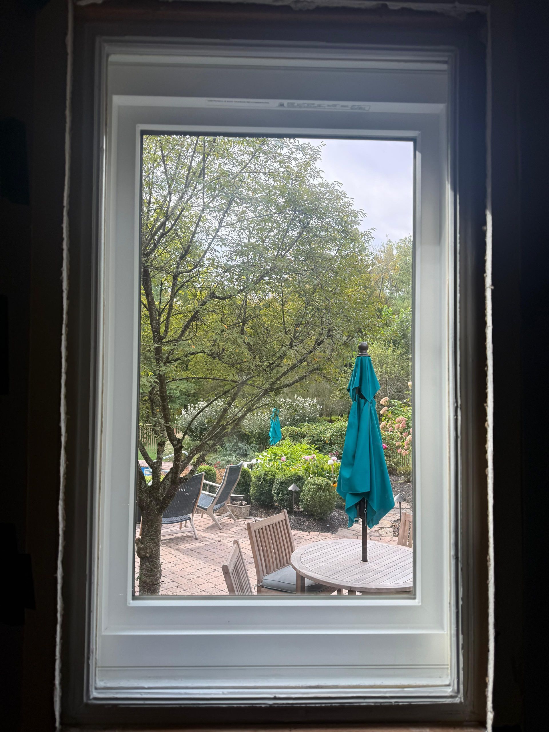 View through a window to a backyard patio with trees, chairs, and a teal umbrella.