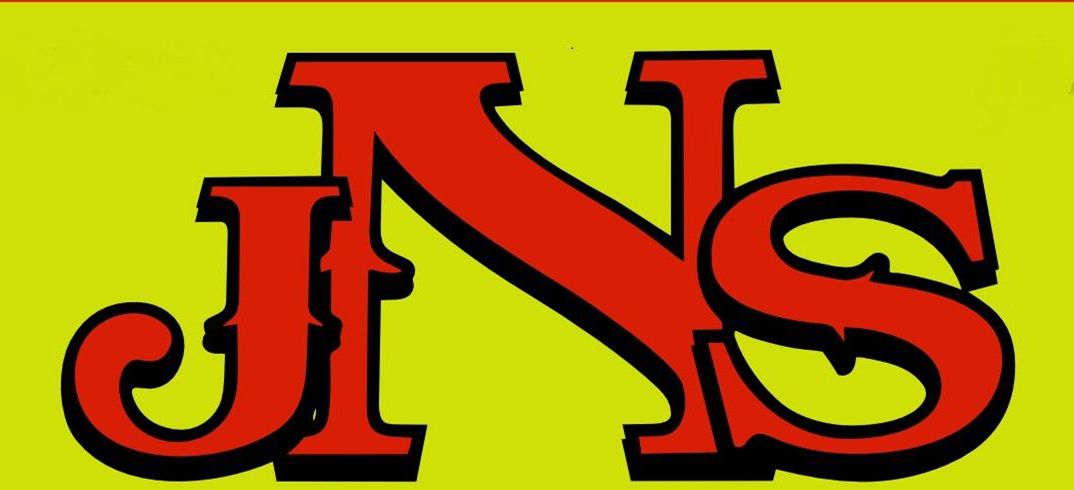 Stylized red and black “JNS” lettering on a yellow background