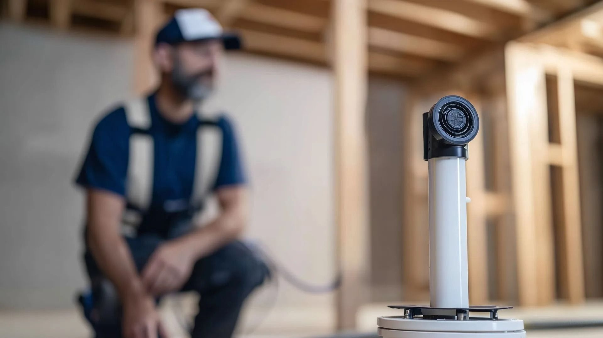Worker on a construction site watching a small camera on a tripod in the foreground