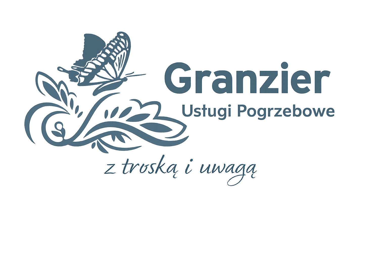 Logo dla Granzier Uitvaartservice przedstawiające motyla siedzącego na kwiatowym ornamentie, z tekstem w języku niderlandzkim.