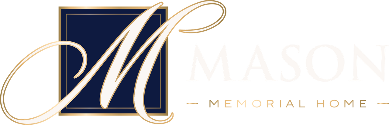 Mason Memorial Home logo with gold script “M” on a navy square and pale gold text