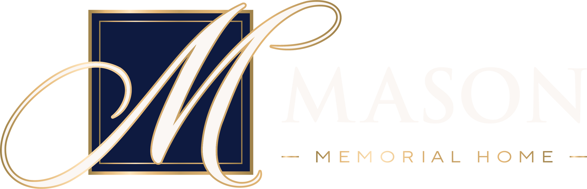 Mason Memorial Home logo with gold script &ldquo;M&rdquo; on a navy square and pale gold text