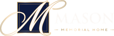 Mason Memorial Home logo with gold script &ldquo;M&rdquo; on a navy square and pale gold text