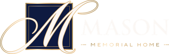 Mason Memorial Home logo with gold script &ldquo;M&rdquo; on a navy square and pale gold text