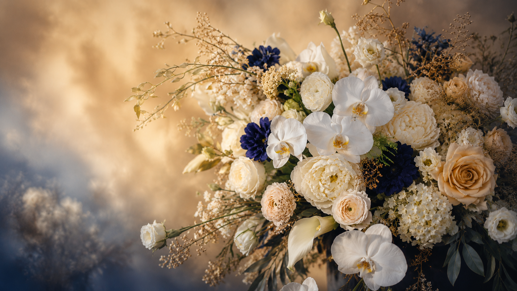 Elegant bouquet of white, cream, and navy flowers on a soft beige background