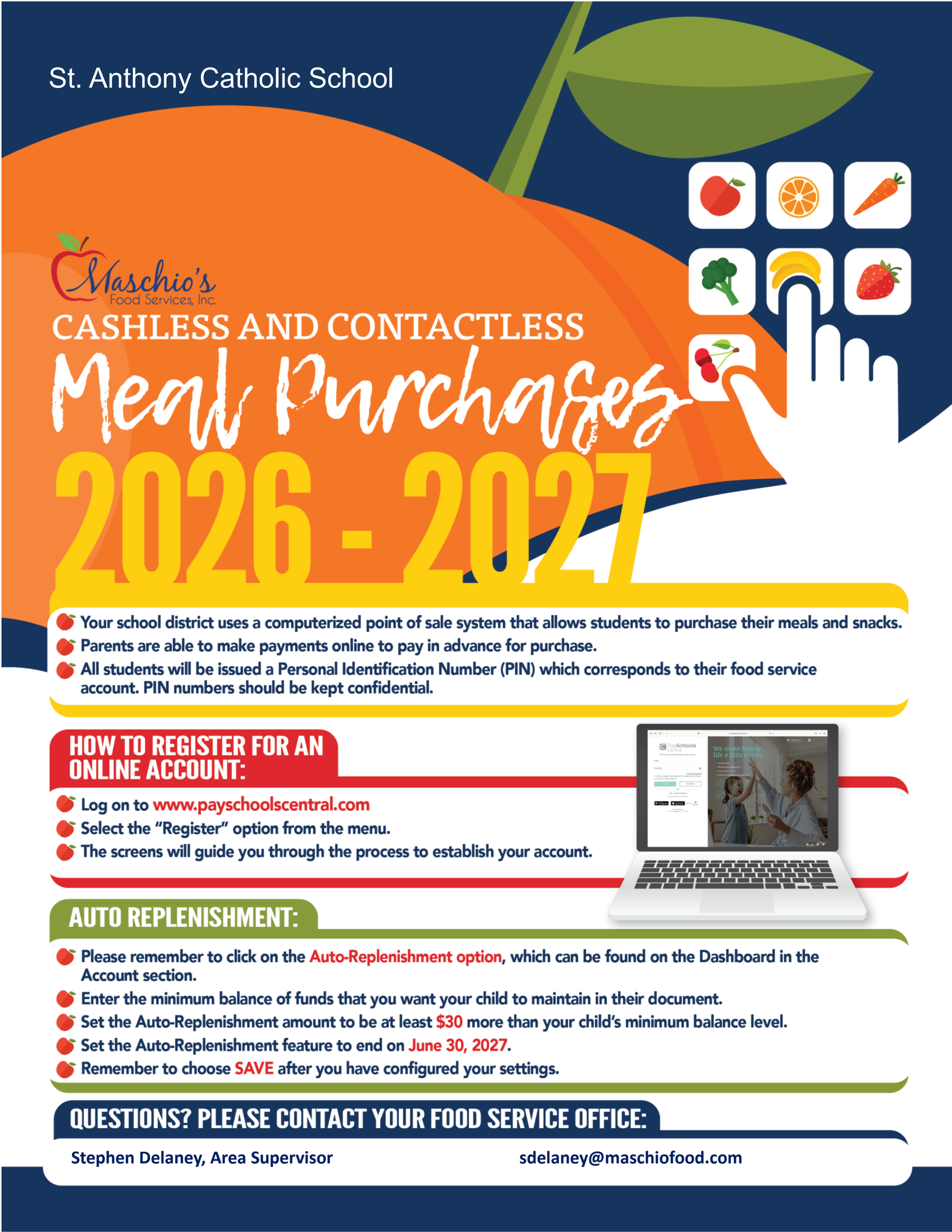 a flyer for cashless and contactless meal purchases for st. anthony catholic school