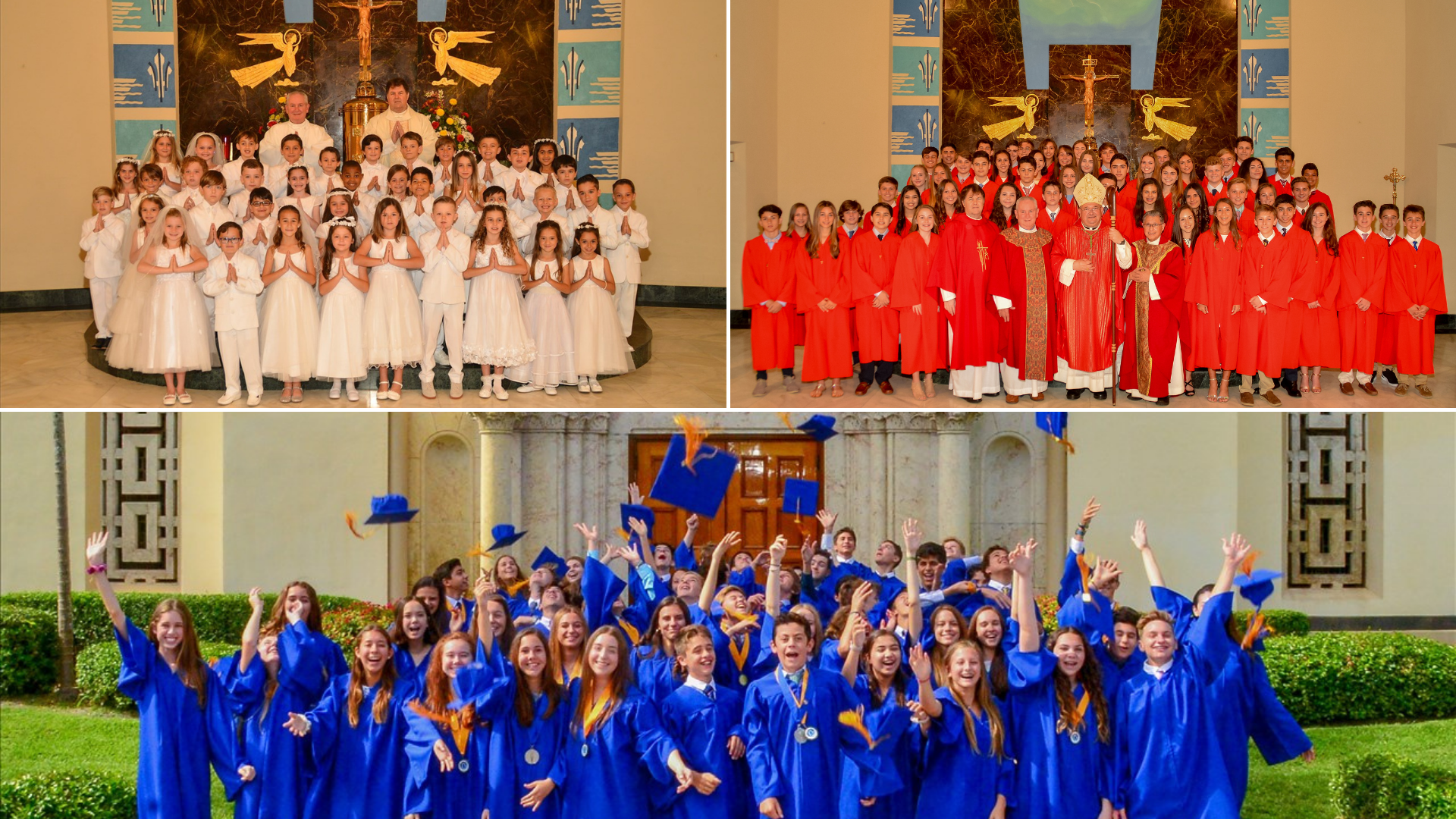 a group of people in blue gowns are standing in front of a church