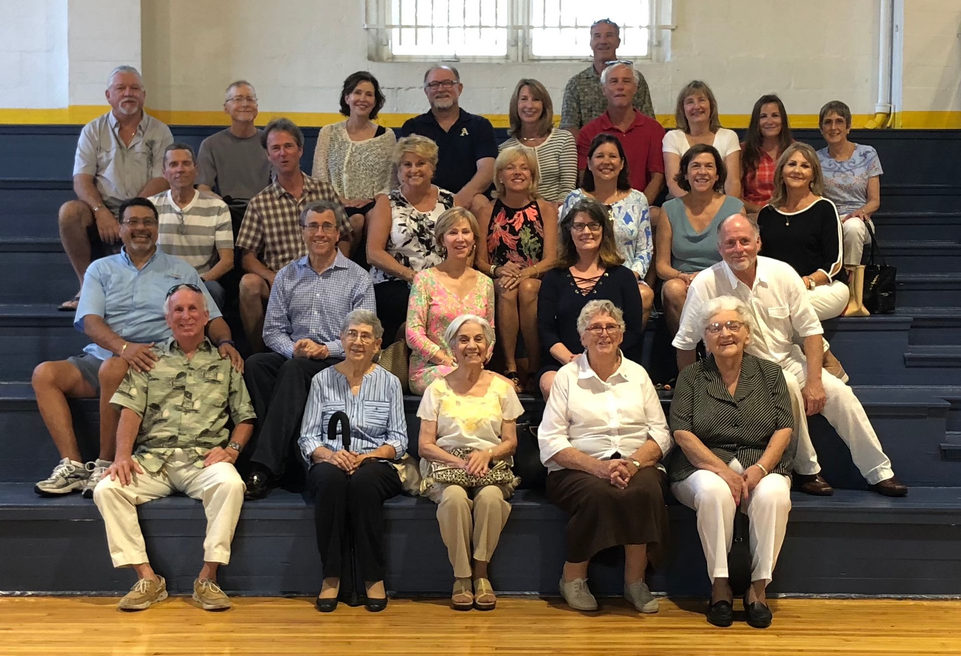 a group of people are posing for a picture in a gym