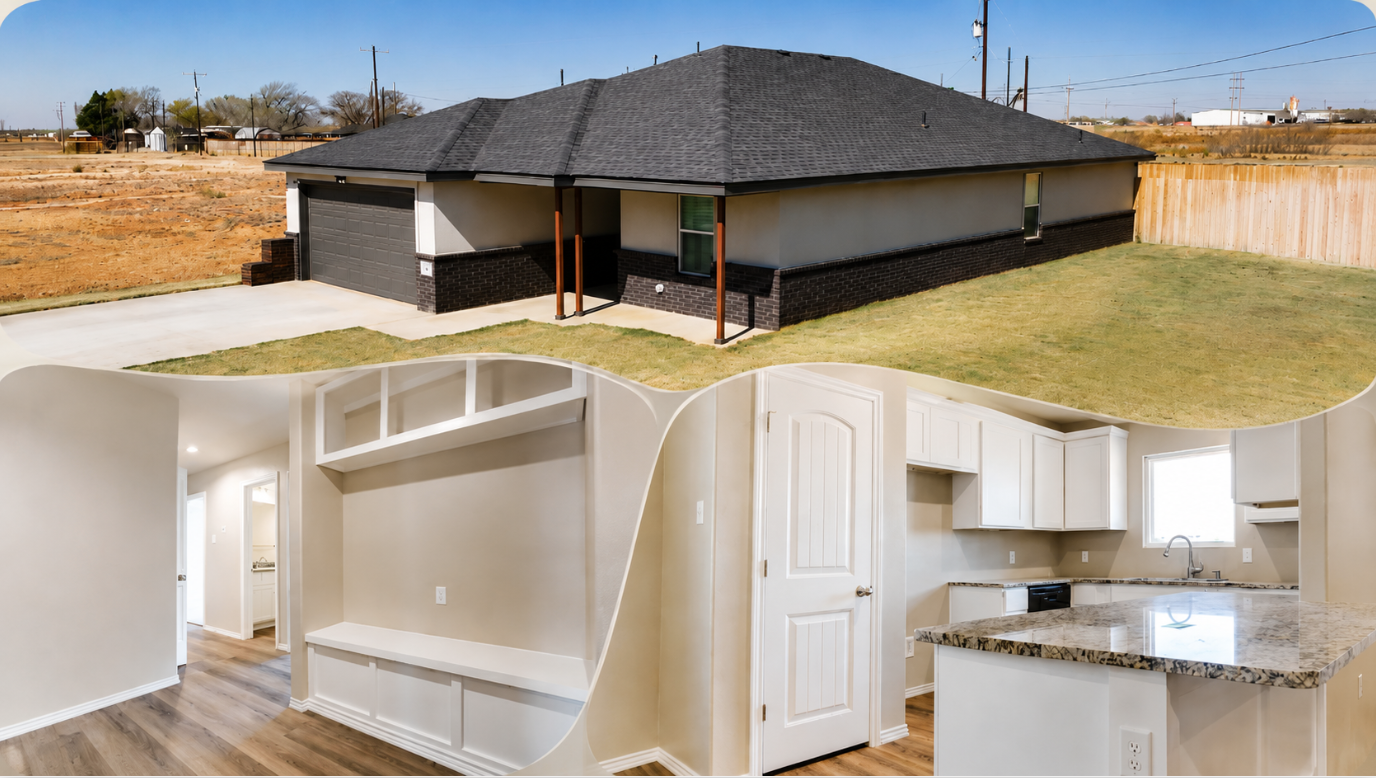 Collage of a gray-roofed house exterior and bright white interior rooms, including a kitchen and hallway.