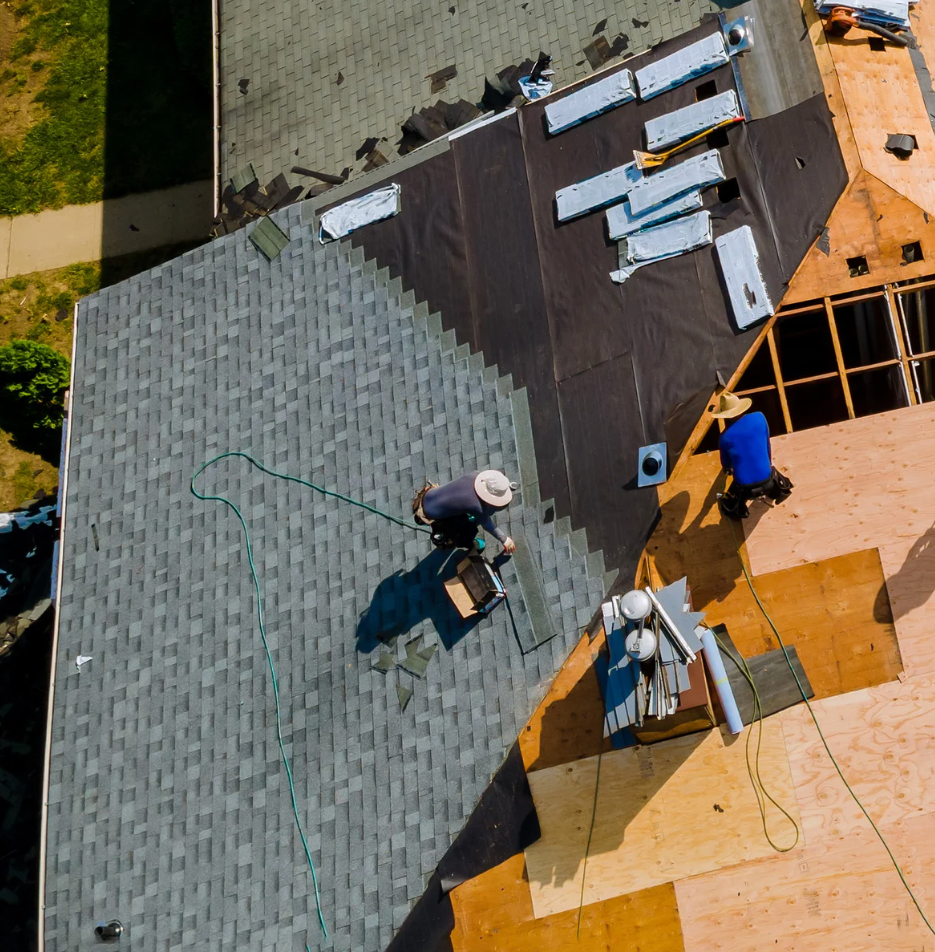 Roofers installing shingles on a house roof. Blue and gray shingles, brown wood, sunny outdoors.
