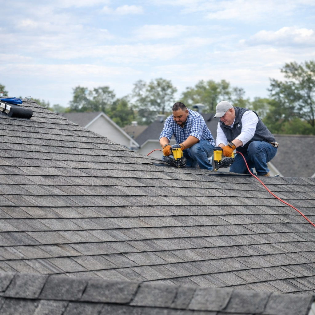 Two roofers, wearing gloves, kneeling on a shingled roof, working with tools. Gray shingles, cloudy sky.