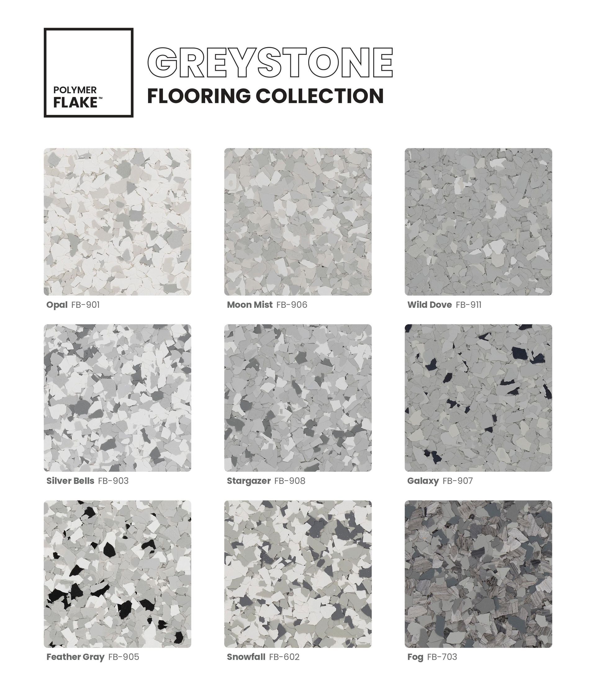 Graystone flooring collection sample sheet with nine gray speckled tile swatches