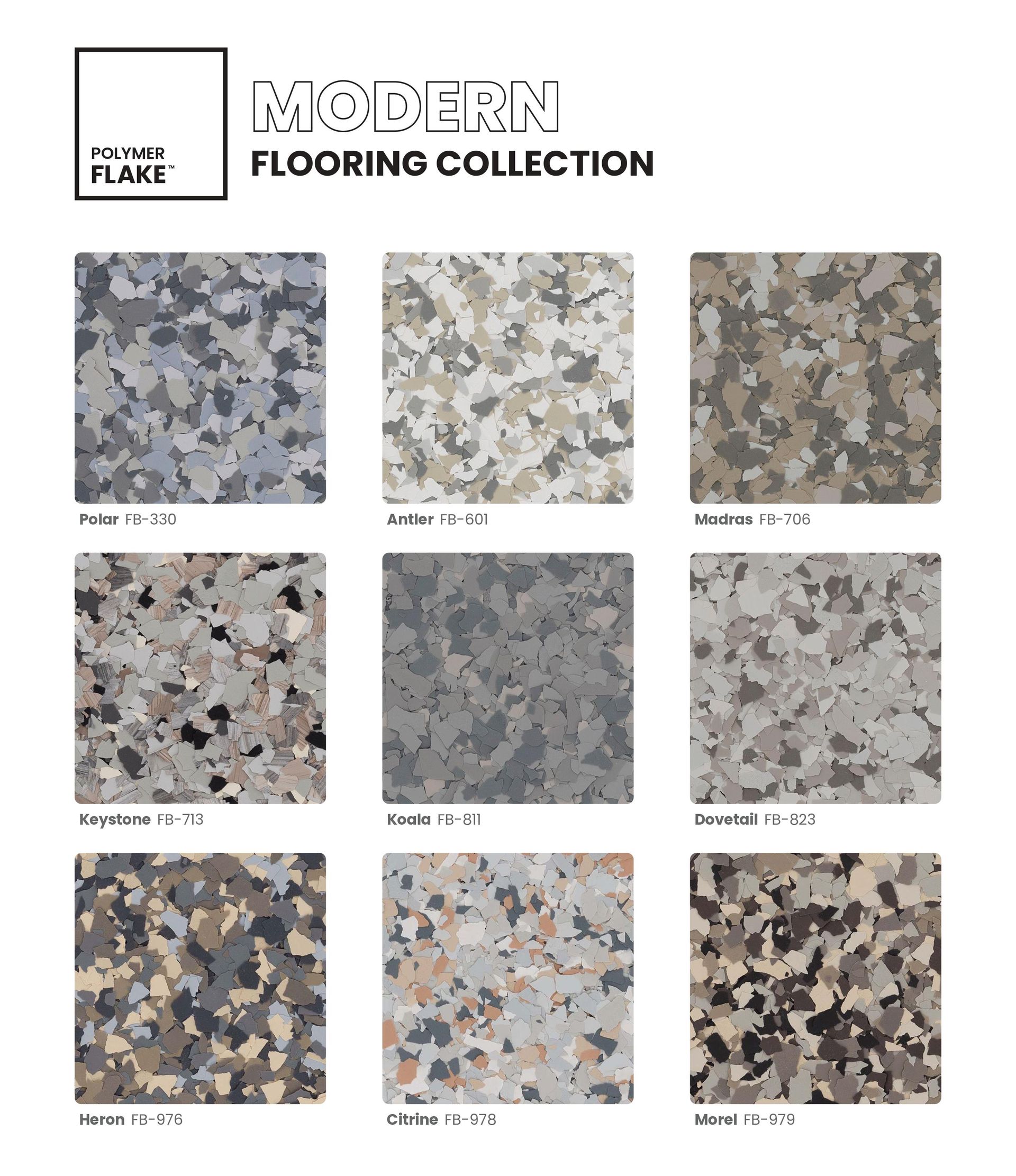Modern Flooring Collection brochure with nine terrazzo-style floor samples in gray, beige, and brown tones