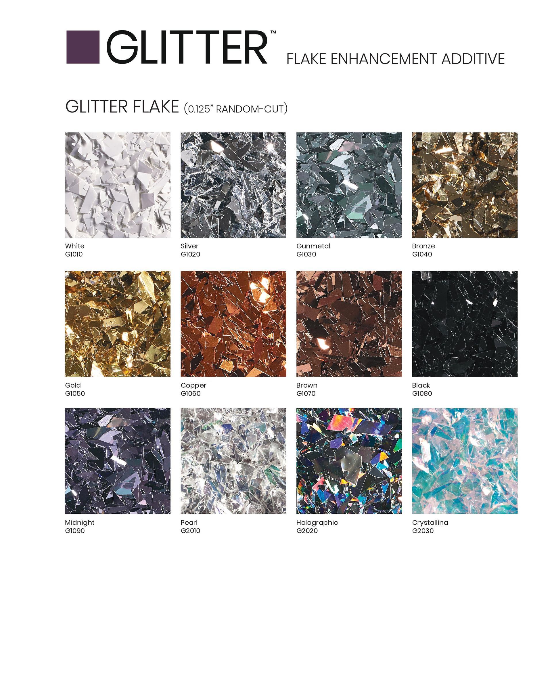 Glitter color chart with 12 sparkling swatches in white, silver, gold, brown, black, and blue tones