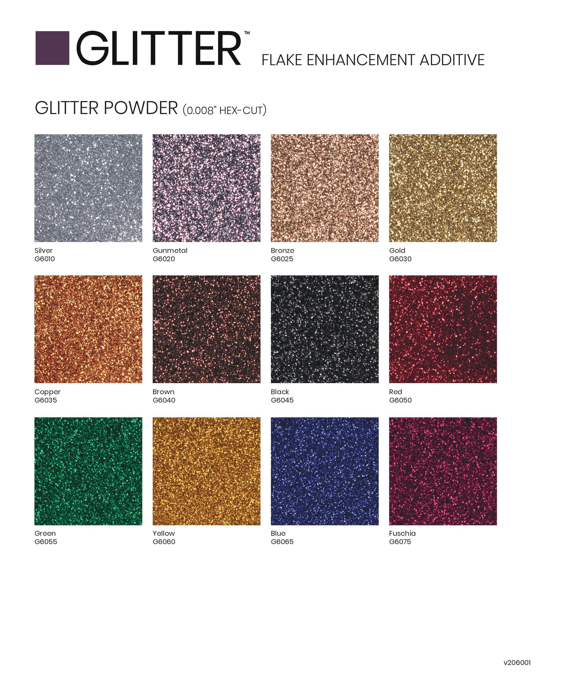GLITTER color chart with 12 sparkling swatches in silver, purple, rose gold, gold, green, blue, and red.