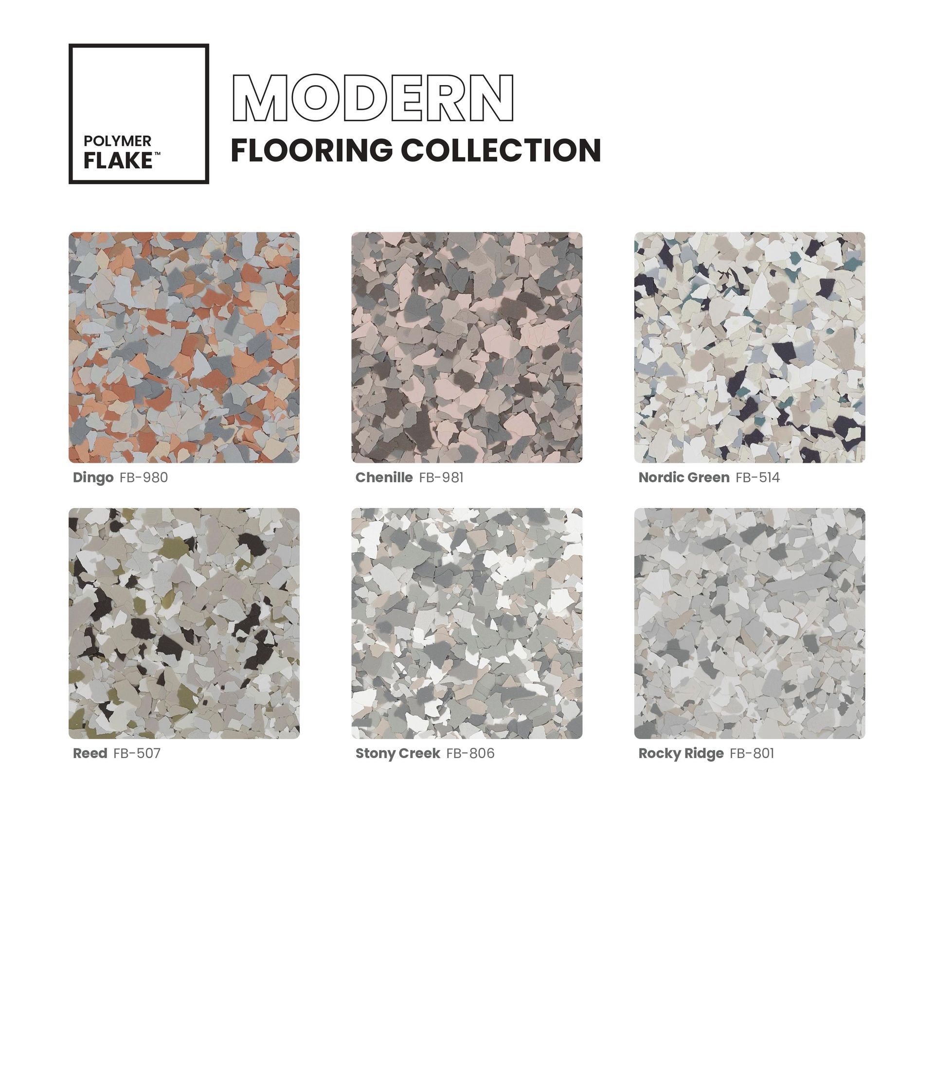 Modern Flooring Collection brochure showing six terrazzo flooring samples in varied neutral colors.