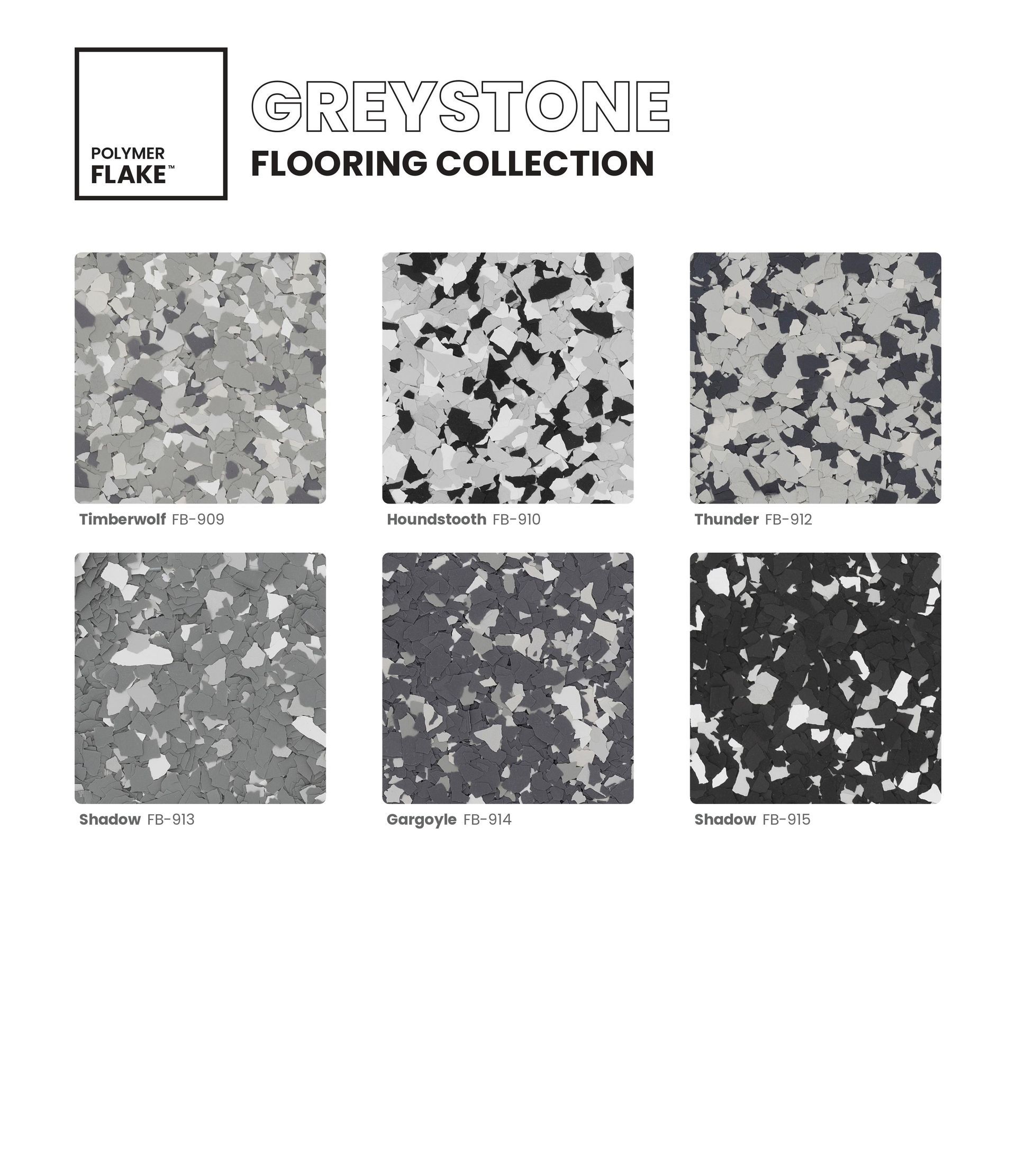 Stone flooring collection brochure with six gray and black speckled tile samples